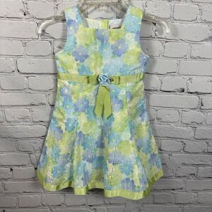Youngland Girls Floral Dress Sleeveless Eyelet Ribbon Tie Lined Green & Aqua 4T